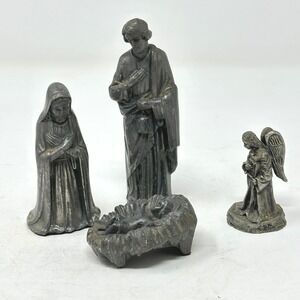 Vintage Pewter Tone Metal Nativity Set 4 Piece Holy Family Angel Figurines